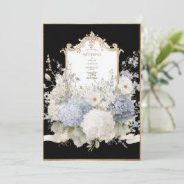Elegante Blaue Hortensien Schwarze Vintage-Hochzei Einladung