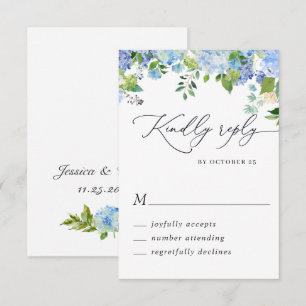 Elegante Blaue Hortensien-Watercolor-Hochzeit RSVP Karte