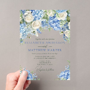 Elegante Blaue Hortensien Weiße Rosen Florale Hoch Acryleinladungen