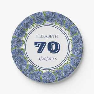 Elegante blaue Hortensien zum 70. Geburtstag Pappteller