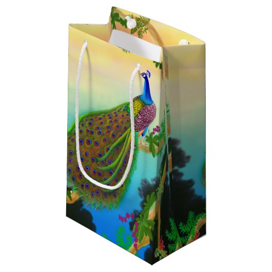 Elegante blaue indische Pfau-Geschenk-Tasche Kleine Geschenktüte (Vorderseite Schrägansicht)