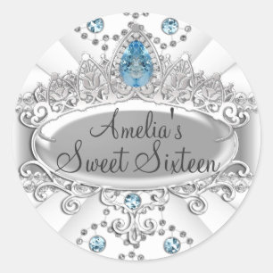 Elegante blaue Juwelen-Tiara Sweet Sixteen Aufkleb Runder Aufkleber