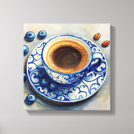 Elegante blaue Kaffeetasse mit Blaubeeren – Realis Leinwanddruck