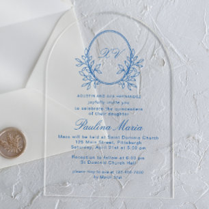 Elegante blaue Krone formelle Quinceañera Acryleinladungen