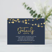 Elegante blaue Lichterketten Details Hochzeiten Begleitkarte (Stehend Vorderseite)