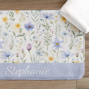 Elegante Blaue Lila Wasserfarbe Wildblumen Name Badematte