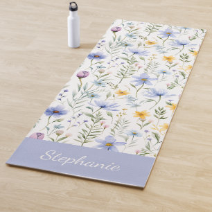 Elegante Blaue Lila Wildblumen-Wasserfarbe Name Yogamatte