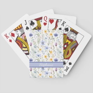 Elegante Blaue Lila Wildblumen-Wasserfarben-Name Spielkarten