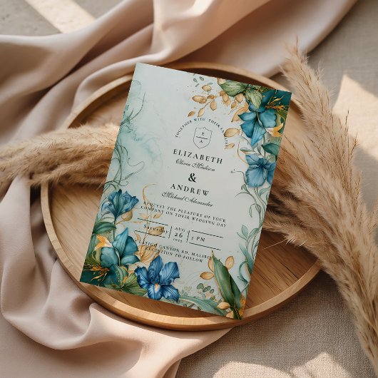 Elegante blaue Lilien Botanische Hochzeit Einladung