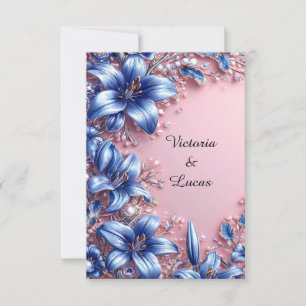 Elegante Blaue Lilien Perlen Florale Hochzeit Luxu Einladung