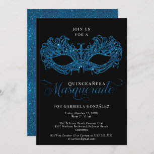 Elegante Blaue Masquerade Maske Quinceanera Einladung