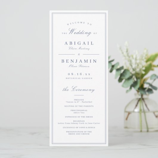 Elegante blaue minimalistische Hochzeitsprogramme Programm (Stehend Vorderseite)