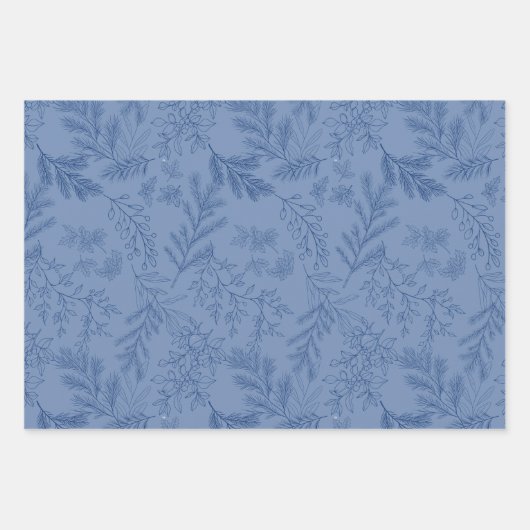 Elegante blaue monochrome rustikale Winter Botanic Geschenkpapier Set (Vorderseite 3)