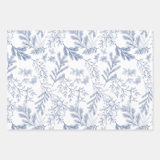 Elegante blaue monochrome rustikale Winter Botanic Geschenkpapier Set (Vorderseite)