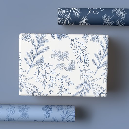 Elegante blaue monochrome rustikale Winter Botanic Geschenkpapier Set