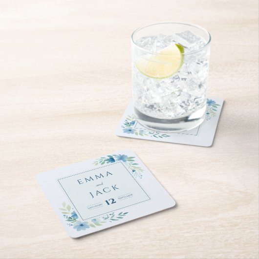 Elegante blaue Namen und Datum der Hochzeit Rechteckiger Pappuntersetzer (Vor Ort)