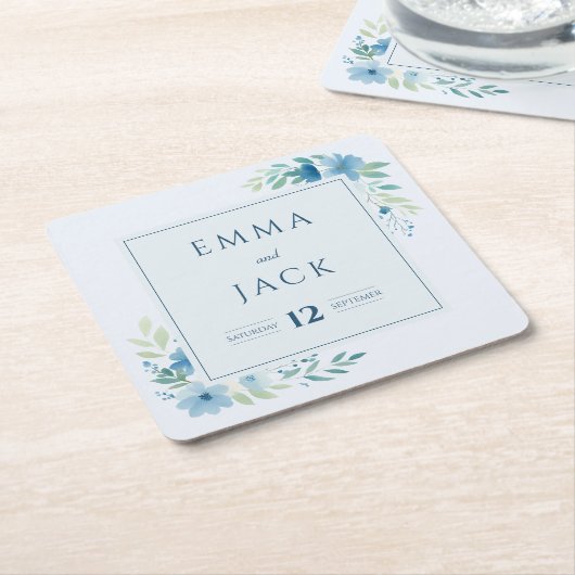 Elegante blaue Namen und Datum der Hochzeit Rechteckiger Pappuntersetzer (angewinkelt)