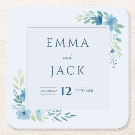 Elegante blaue Namen und Datum der Hochzeit Rechteckiger Pappuntersetzer (Vorderseite)