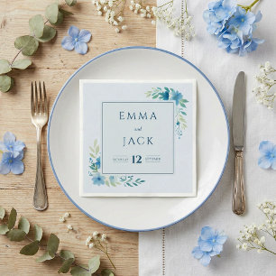 Elegante blaue Namen und Datum der Hochzeit Serviette