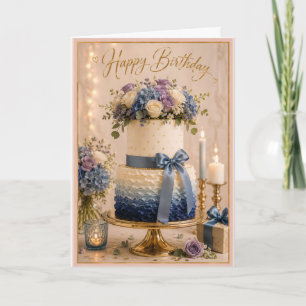 Elegante blaue Ombre-Blumen-Geburtstagstorte Karte