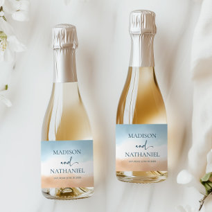 Elegante blaue Ozean-Strand-Ufer-Sand-Hochzeit Schaumweinetikett