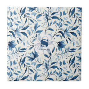 Elegante blaue Paisley-Blätter - weißer Hintergrun Fliese