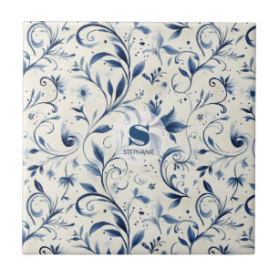 Elegante blaue Paisley-Blätter - weißer Hintergrun Fliese
