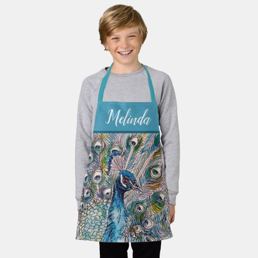 Elegante Blaue Pfaue Watercolor Schürze (Getragen)