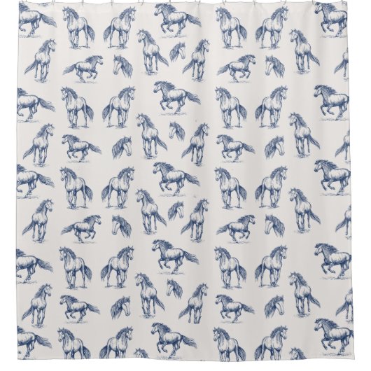 Elegante Blaue Pferde Mit Monogramm Erstgeschenke Duschvorhang (Vorderseite)