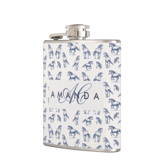 Elegante Blaue Pferde Mit Monogramm Erstgeschenke Flachmann (Links)