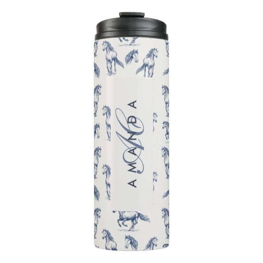 Elegante Blaue Pferde Mit Monogramm Erstgeschenke Thermosbecher (Vorderseite)