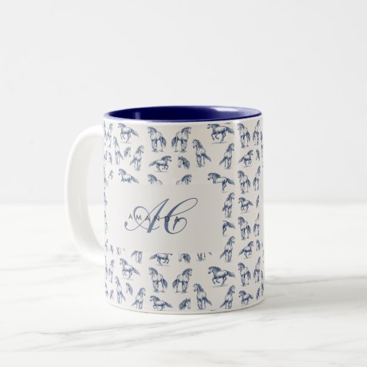 Elegante Blaue Pferde Mit Monogramm Erstgeschenke Zweifarbige Tasse (Vorderseite Links)