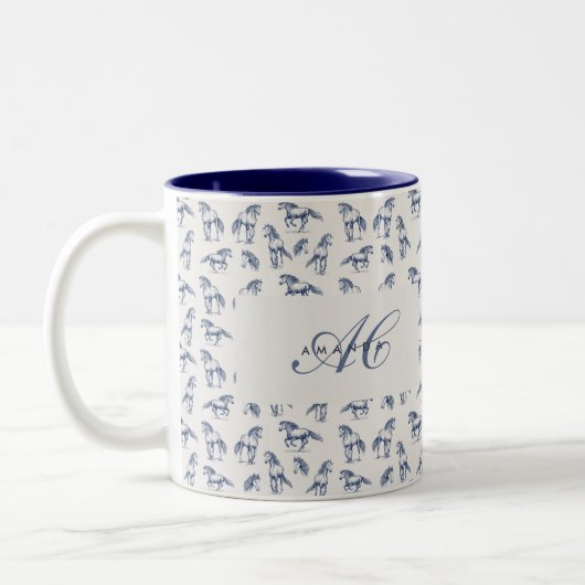 Elegante Blaue Pferde Mit Monogramm Erstgeschenke Zweifarbige Tasse (Links)