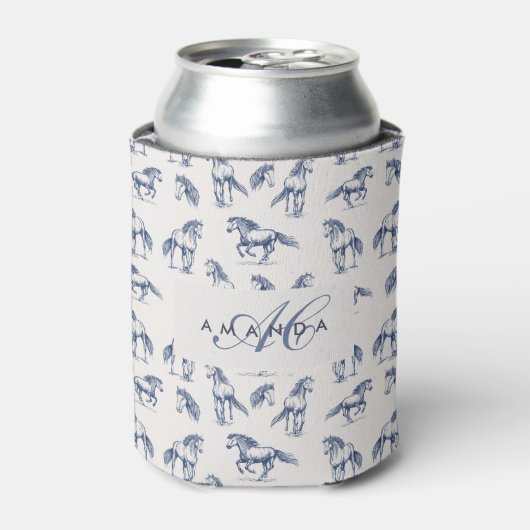 Elegante blaue Pferde monogrammierte Initialgesche Dosenkühler (Kanne Vorderseite)