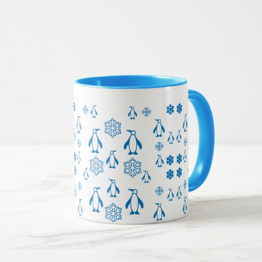 Elegante blaue Pinguine mit Schneeflocken Tasse (VorderseiteRechts)