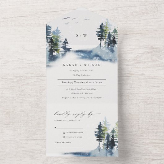 Elegante blaue Pinienwälder Hochzeiten von Vögeln All In One Einladung (Innen Boden)