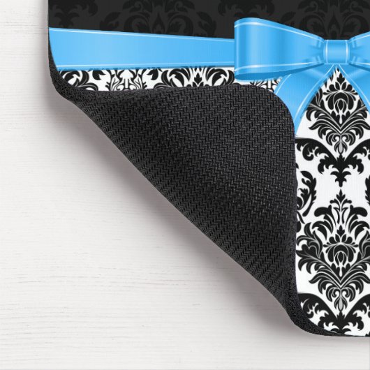 Elegante blaue Ribbon Black & White Damaskus 2 Mousepad (Ecke)