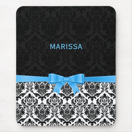 Elegante blaue Ribbon Black & White Damaskus 2 Mousepad (Vorne)