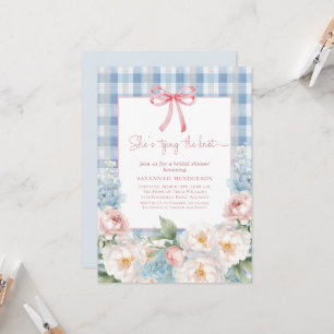 Elegante blaue rosa Blumen-Schleife-Gingham-Brautj Einladung