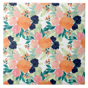 Elegante blaue rosa orange Blumen Aquarell Blumenm Fliese