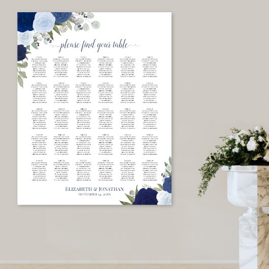 Elegante blaue Rose 30 Tabelle Seating Chart Poster