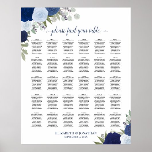 Elegante blaue Rose 30 Tabelle Seating Chart Poster (Vorne)