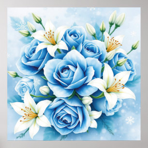 Elegante blaue Rose Blumenstrauß drucken Poster