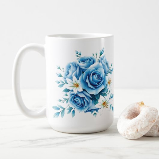 Elegante blaue Rose Blumenstrauß-Kunst, Dichtung u Kaffeetasse (Mit Donut)