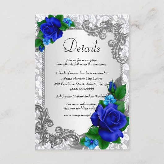 Elegante blaue Rose Hochzeitdetails Begleitkarte (Vorderseite)