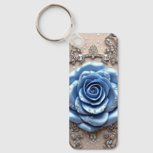 Elegante blaue Rose mit glitzernden Diamanten Schlüsselanhänger