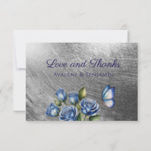 Elegante Blaue Rosen Schmetterling Silber Hochzeit Dankeskarte