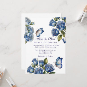 Elegante Blaue Rosen Schmetterling Silber Hochzeit Einladung