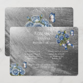 Elegante blaue Rosen silberne Probe Dinner Einladung (Vorne/Hinten)