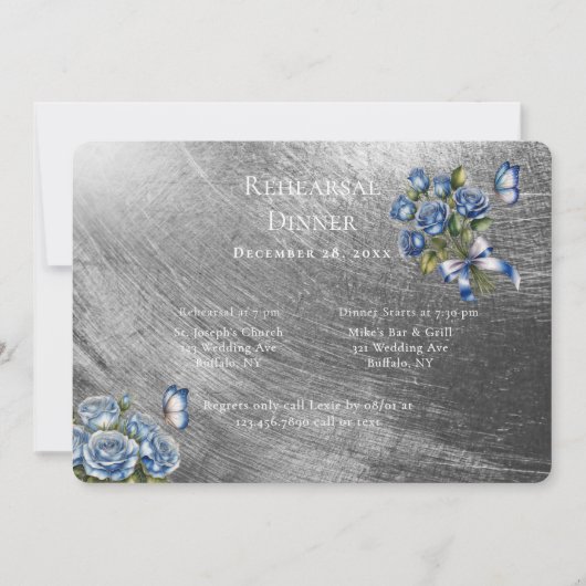 Elegante blaue Rosen silberne Probe Dinner Einladung (Vorderseite)